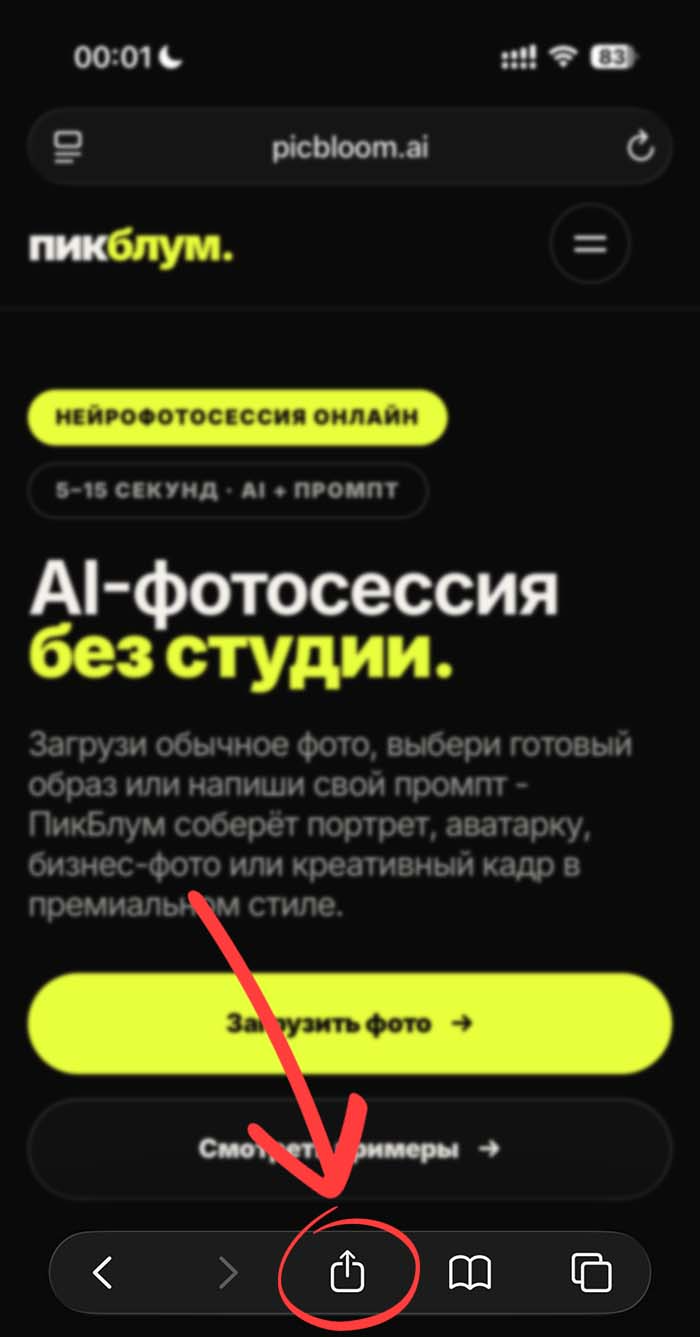 Шаг 1: кнопка Поделиться в Safari на iPhone