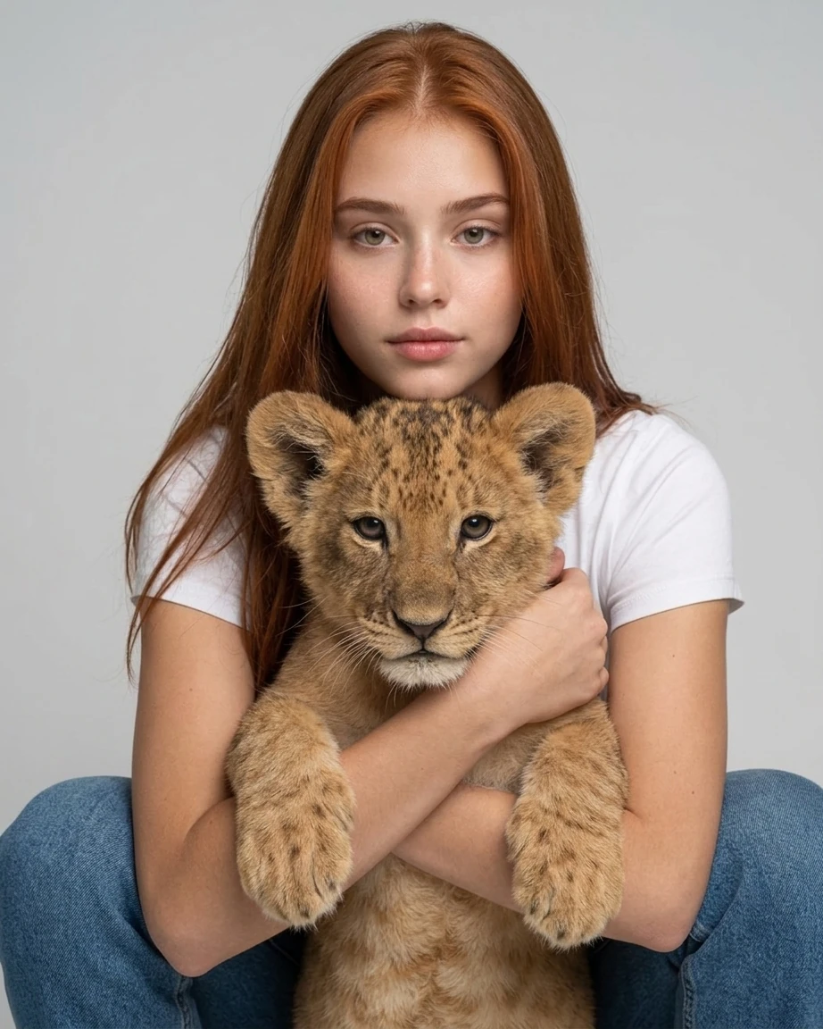 Создать ИИ-фото со львенком в фотостудии
