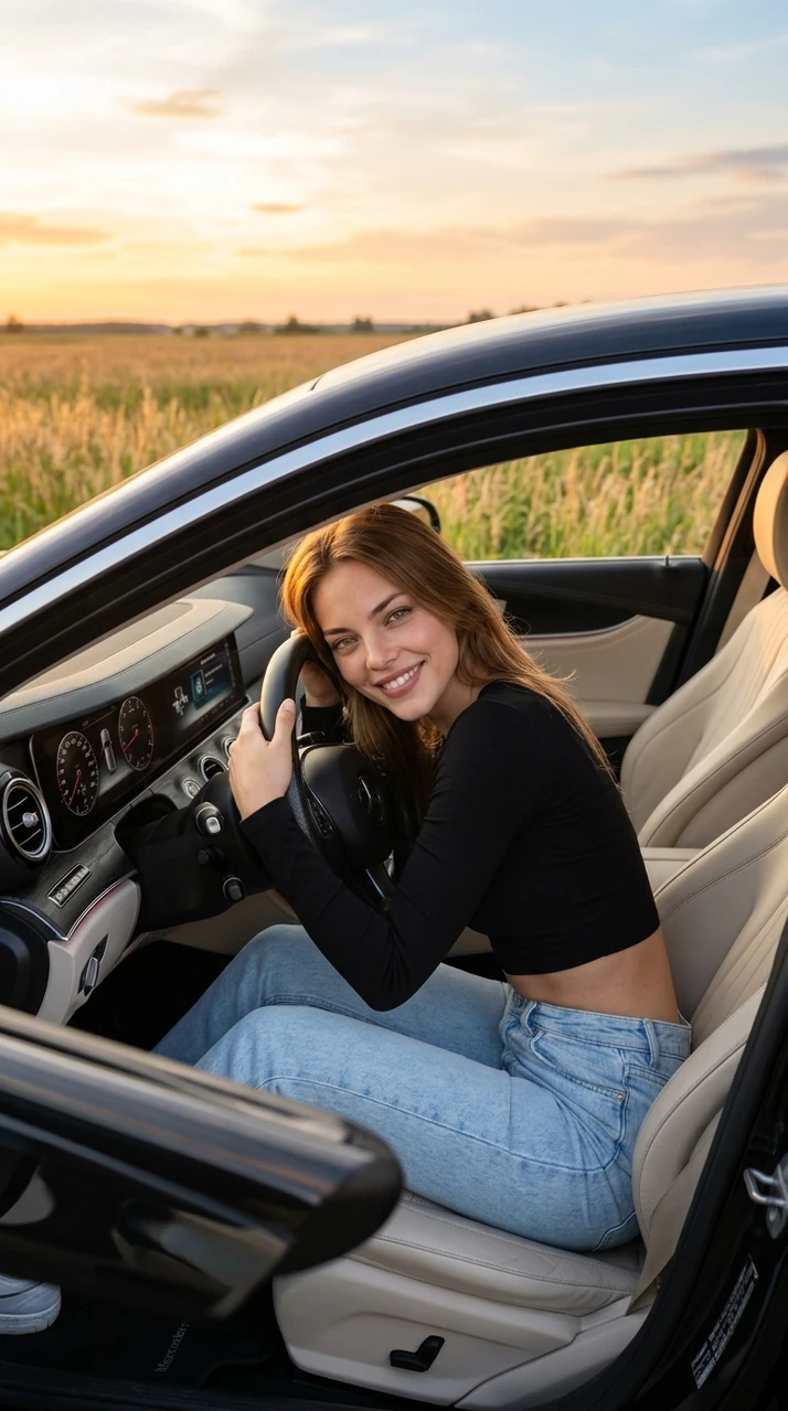 ИИ фото за рулем Mercedes на закате