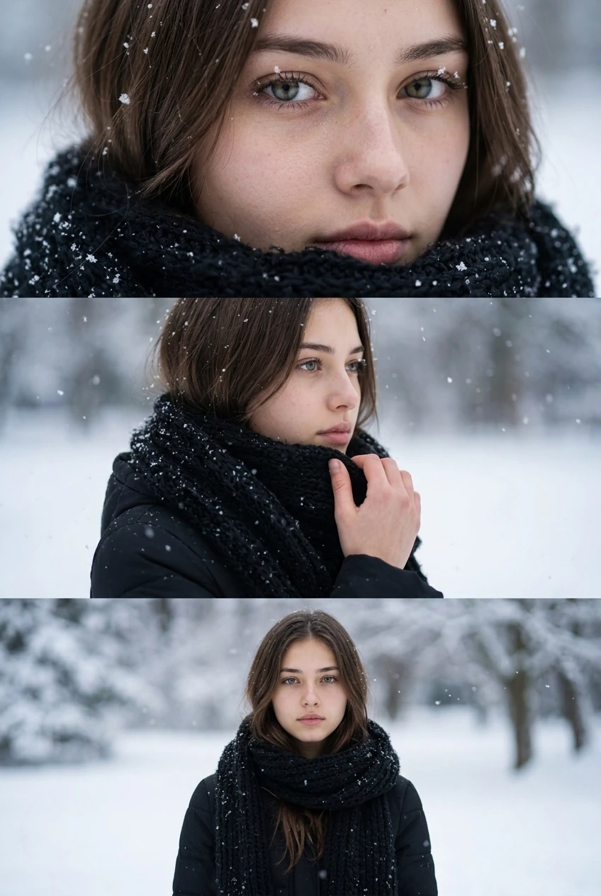 Зимний кино-коллаж с эффектом профессиональной ИИ-фотосессии